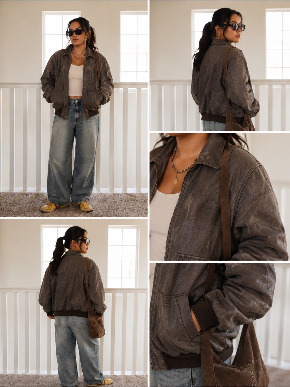 Vintage 90s Brown Distressed Leather Bomber Jacket Oversized Grunge